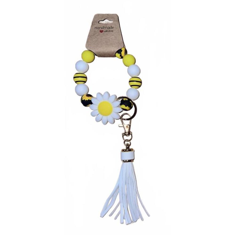 Handmade Daisy Keychain Wristlet with Colorful Beads and Tassel